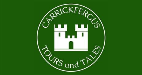 Logo of Carrickfergus Tours and Tales with green background and castle in the centre