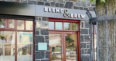 Exterior stone walls and glass doors / windows to Blend & Brew in Portglenone