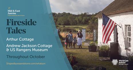 Images shows a mother and 3 children walking outside Arthur Cottage with a lady in period costume.