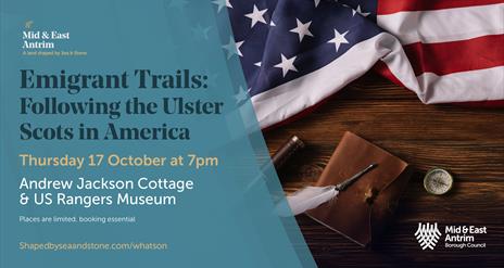 Image shows the American flag, a compass, quill and leather notebook
