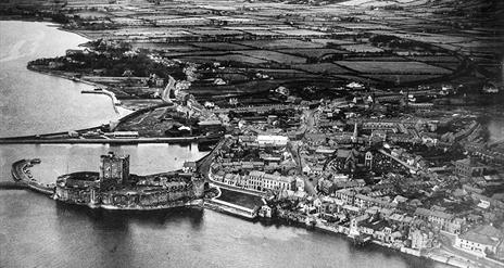 Black and white aerial picture of Carrickfergus