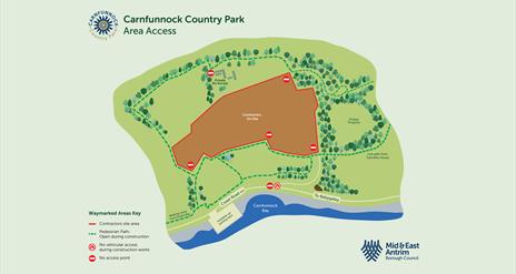 Map showing access while Carnfunnock Country Park is under redevelopment during 2025 & 2026.