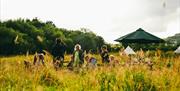 A small crowd are gathered in meadow clearing behind tall grasses on a summers day