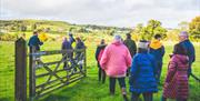 A group of people being led through a wooden gate into a field on a farm tour