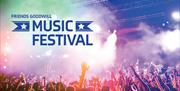 Crowd at a music festival under vibrant lights with hands raised, exuding excitement. Text reads "Friends Goodwill Music Festival" in bold letters.