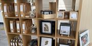 Cubed shelf display in Gobbins Visitor Centre featuring pebble art work and essence gift items.