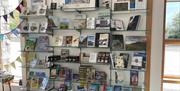 Glass shelves display featuring local books and art in Gobbins Visitor Centre