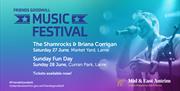 Promotional poster for Friends Goodwill Music Festival, featuring event dates, performers, ticket info, and an image of a singer performing on stage.