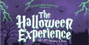 Publicity poster with purple background stating 'Glenarm Castle Presents The Halloween Experience 25th to 27th October from 4-8pm.'  Images of silhoue