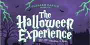 Publicity poster with purple background stating 'Glenarm Castle Presents The Halloween Experience 25th to 27th October from 4-8pm.'  Images of silhoue