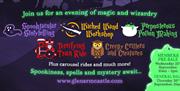 Publicity poster for Glenarm Castle Halloween event with icons and words:  Ghost icon for Spooktacular Storytelling; wand and stars for Wicked Wand Wo