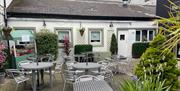 Outdoor seating area with chrome tables and chairs with surrounding plants in front of entrance to Quarter House