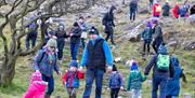 Crowds of people climbing Slemish on St Patricks Day