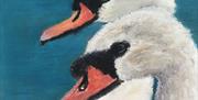 Painting of 2 swans head on blue background