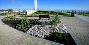 Planted border beside paving area with Carrickfergus Clock Tower to rear