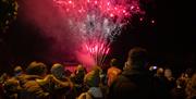 Fireworks display in front of a crowd of people