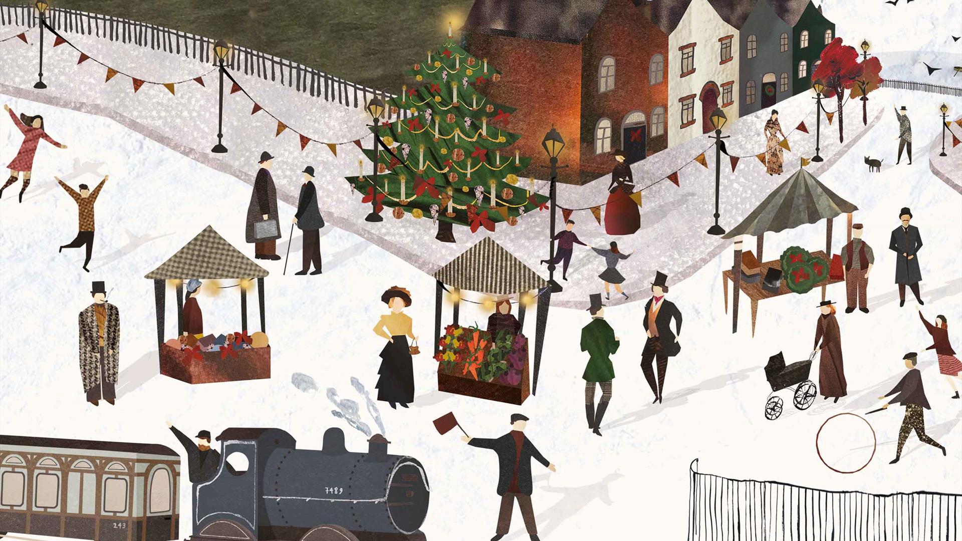Drawing of people in Victorian costume in town centre with snowy backdrop, stalls and steam train.