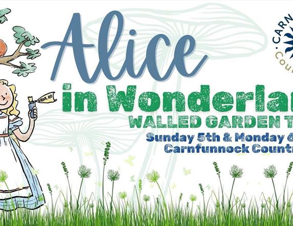 Alice in Wonderland Walled Garden Trail with dates and animated picture of Alice in a garden