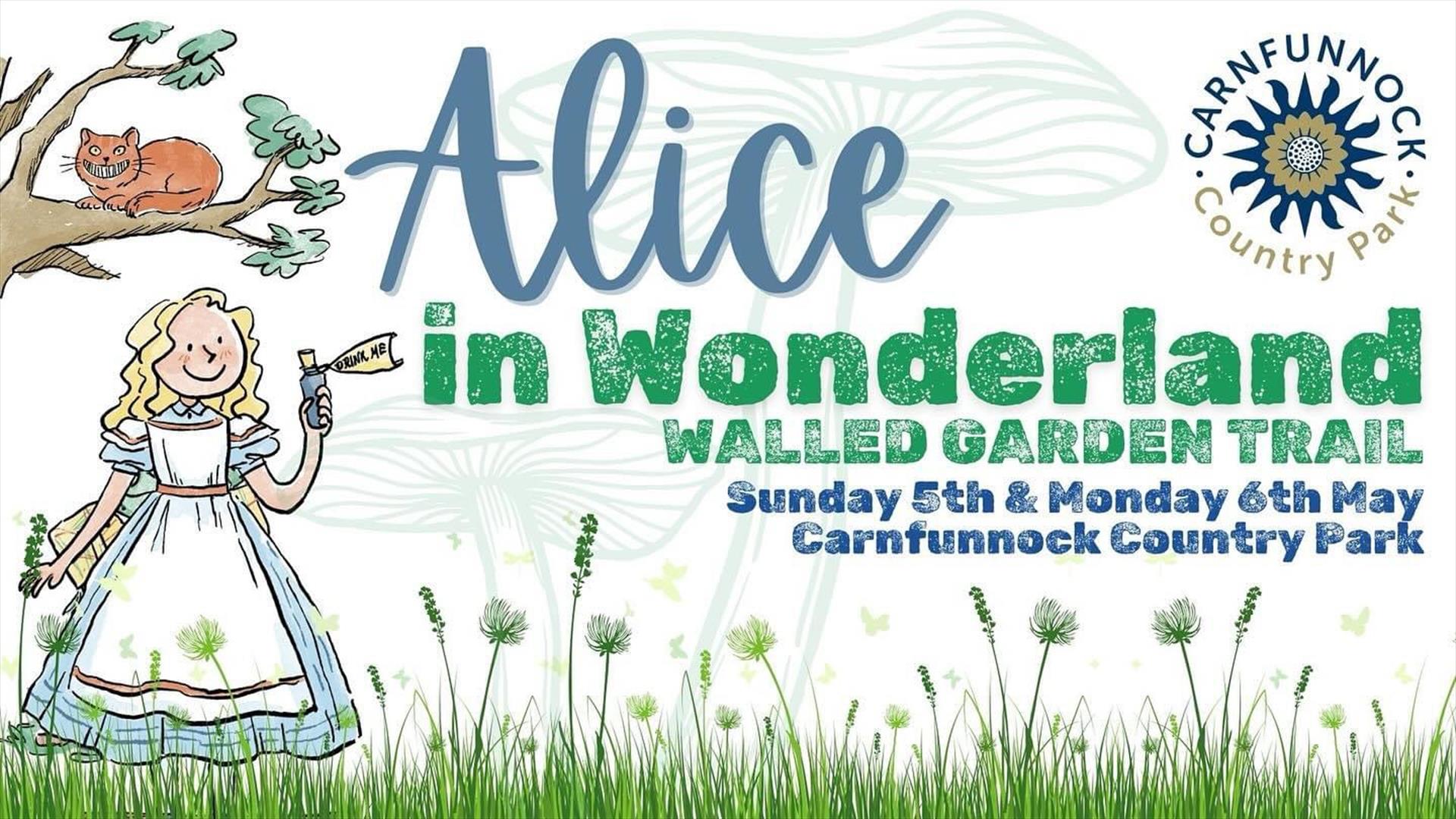 Alice in Wonderland Walled Garden Trail with dates and animated picture of Alice in a garden
