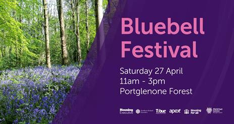 Bluebell Festival with picture of Bluebells in Portglenone Forest with details of date and times