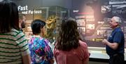 Group of visitors looking at interpretive signage with tour guide in US Rangers Museum.