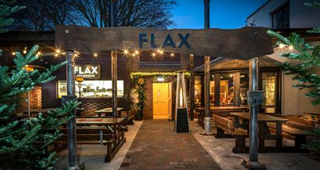 Beer garden and outside eating area of Flax restaurant in Broughshane