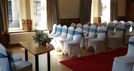 Seats set out for civil ceremony in Wilson Room in Larne Town Hall