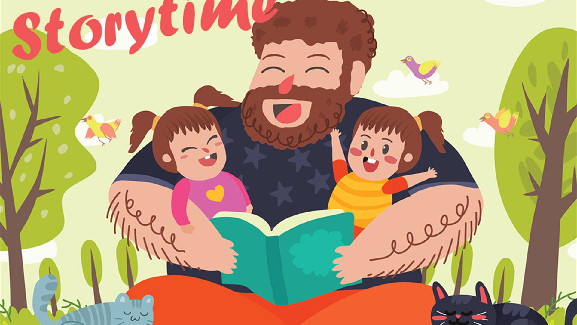 Storytime picture of man holding two young happy children reading a book in animation