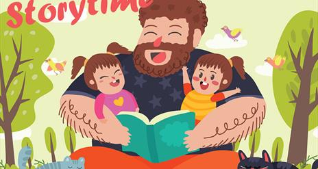 Storytime picture of man holding two young happy children reading a book in animation