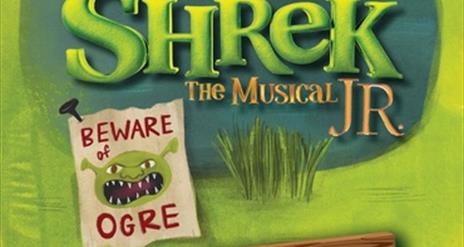 Flyer for Voiceworks Shrek the Musical JR with Beware Ogre and a picture of orge face