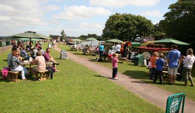 Groups of people sitting at picnic benches on the grass near the Grand Western Canal