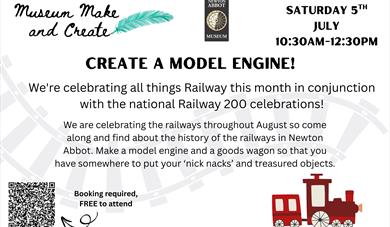 Poster advertising the Make and Create Event, containing the details of the event along with a cartoon of a red train, a faint railway track in the ba