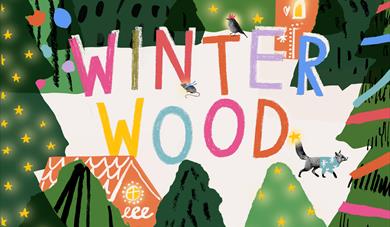 An illustration of collage style pine trees covered in stars and colourful squiggles, and large gingerbread houses sticking out of the foliage. The tr