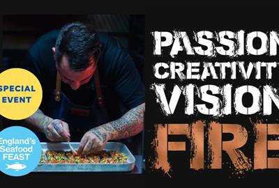 A chef preparing a tray of food alongside the words passion creativity vision fire