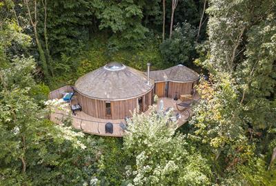 Wood-cladded treehouse sitting amongst the tree canopy