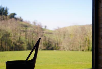 View of a field and trees from the sauna window with a bucket and ladle on the sauna bench