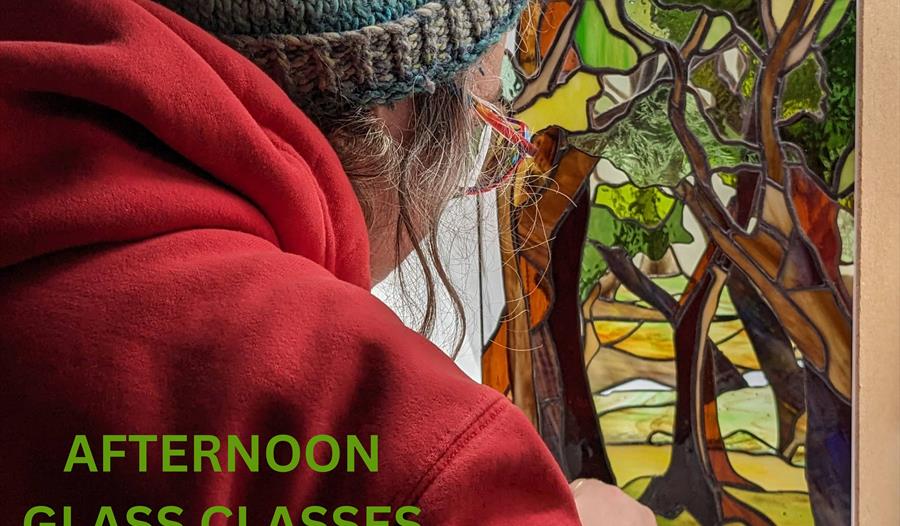 Artist Laura Kriefman working on stained glass piece, Dartmoor Forest,