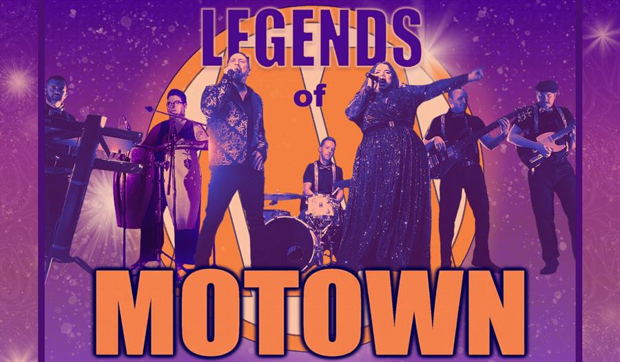 A 7 piece band standing in a line-up with their instruments on a purple background.