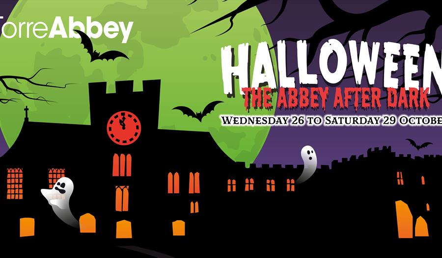 A cartoon image of Torre Abbey, looking very spooky with bats, etc.