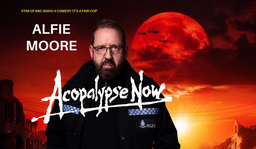 Police officer Alfie Moore in uniform in front of black red and orange apocalyptic scene