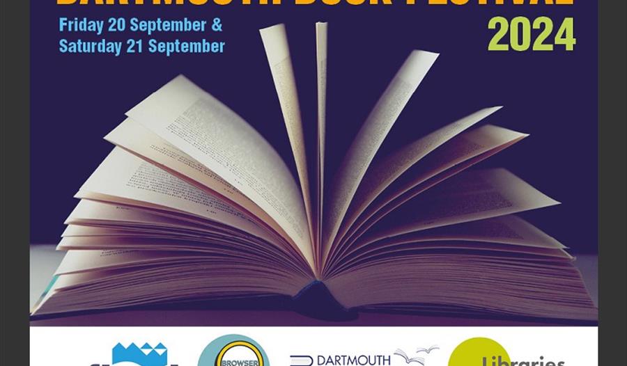 A book with open pages in the centre surrounded by text about the Dartmouth Book Festival. Dates: Friday 20 and Saturday 21 September 2024.