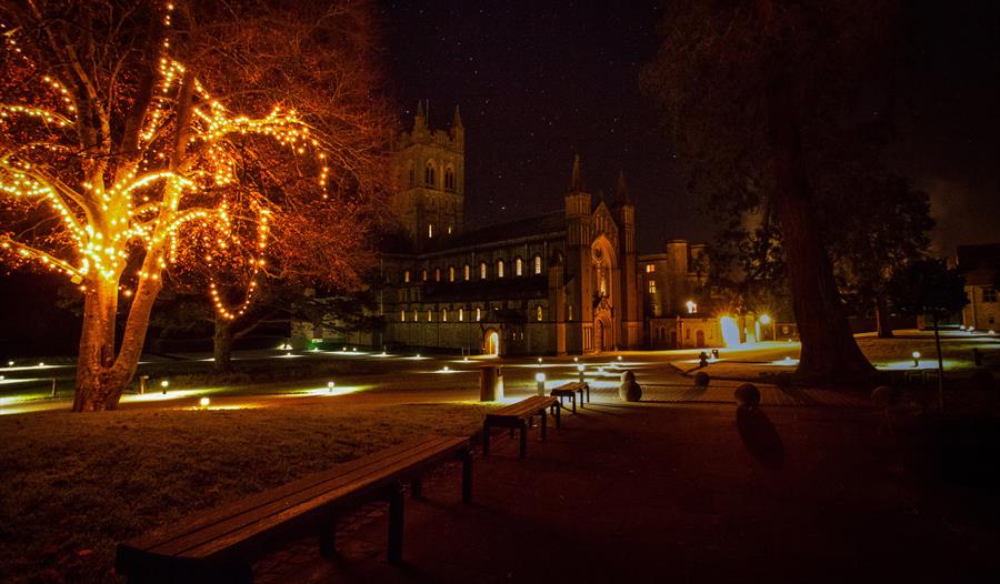 Buckfast Abbey Chruch lit up with Christmas lights