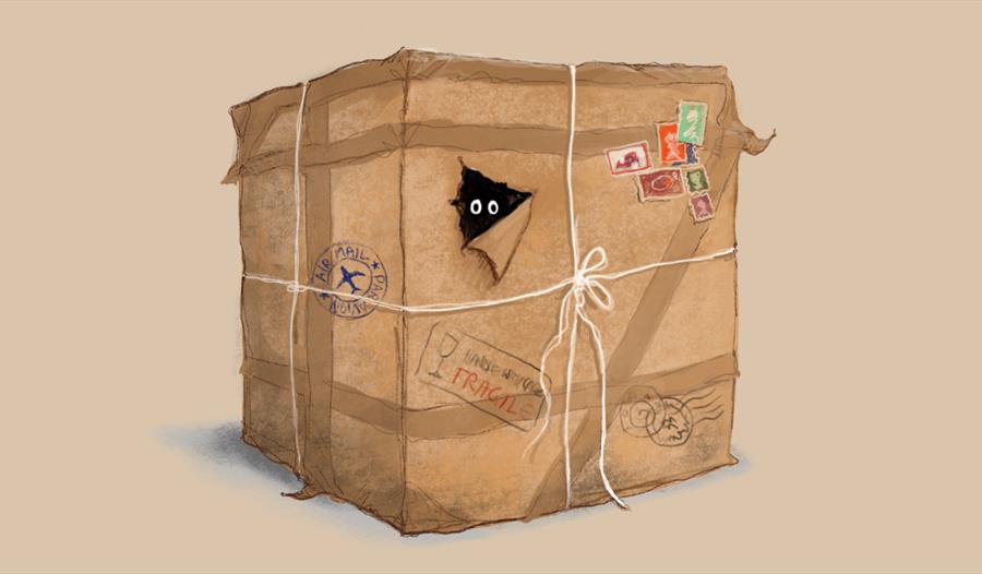 A huge brown parcel, tied with brown string. Two eyes peeping out of a small hole.