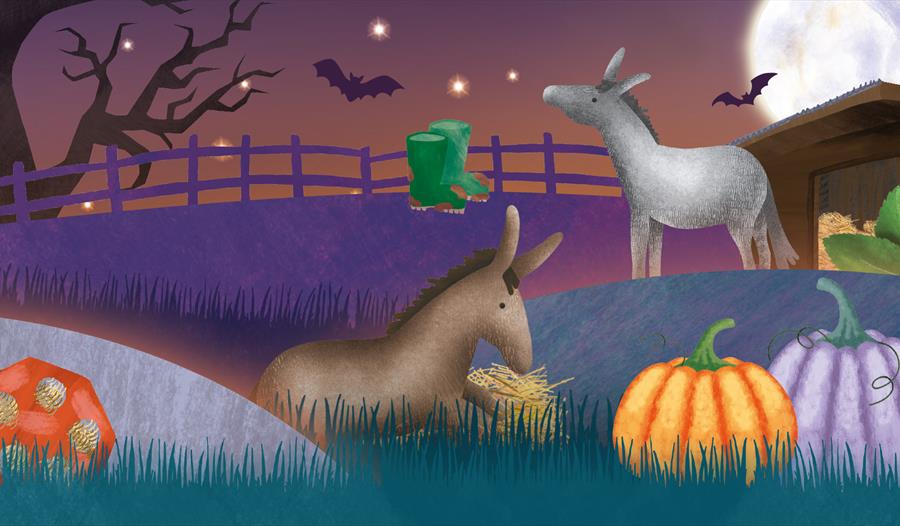 illustrated donkey and halloween backdrop