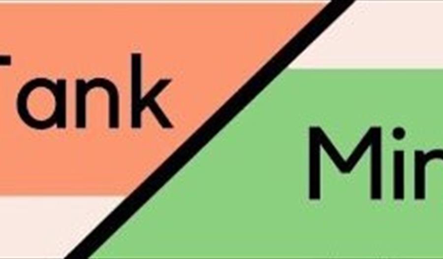 A peach background with a black slash through it. On the left side, a geen banner with the words "MakeTank." On the right, an orange banner, slightly