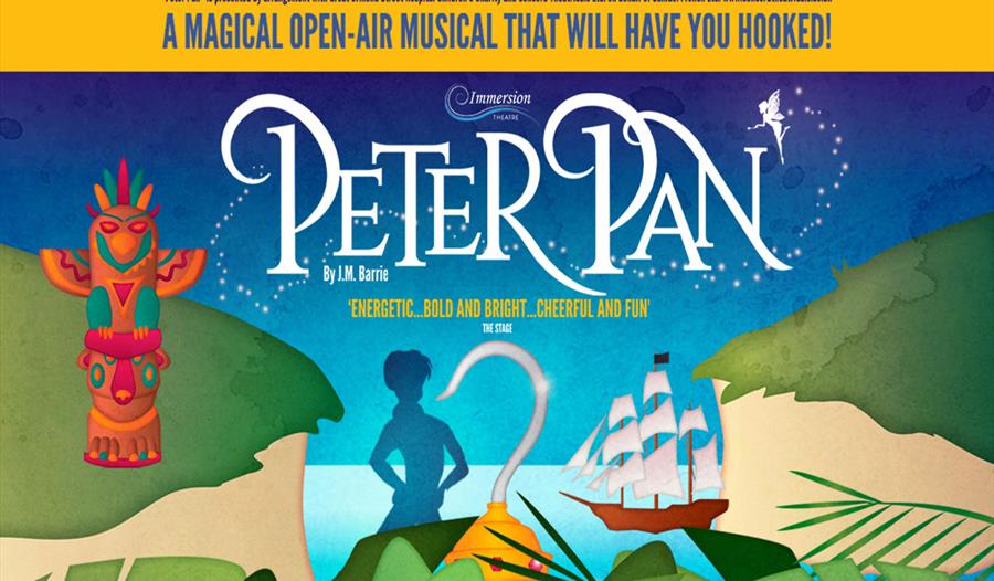 A silhouette of Peter Pan is framed within Hook's hook. He is hovering over the sea and Neverland. The title of the play is in large white letters at
