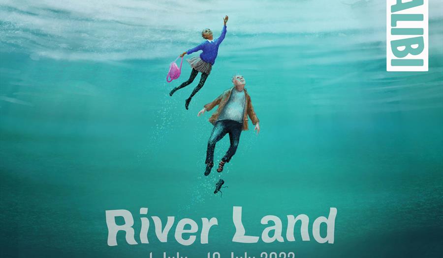 A young black girl in school uniform, and an older white man wearing jeans and a brown shirt swim to the surface of a clear blue river.