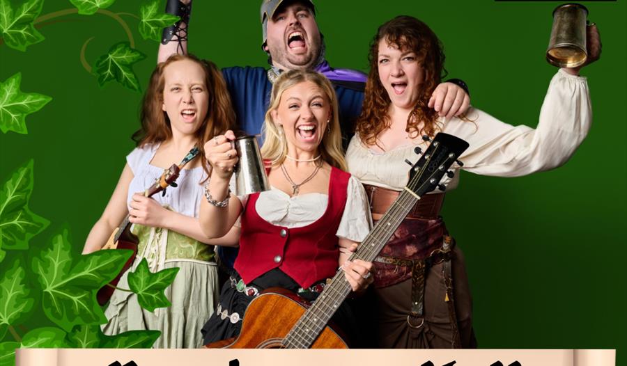 Four people with tankards cheering with green background