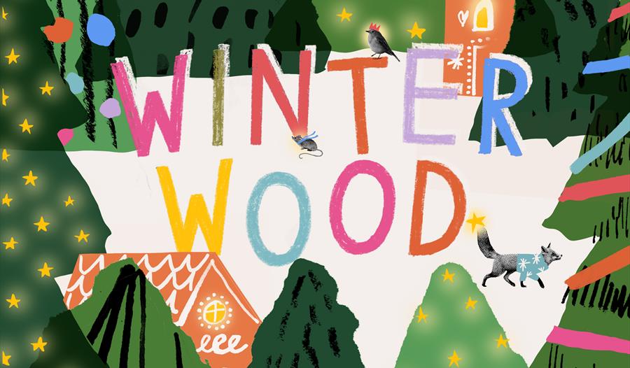 An illustration of collage style pine trees covered in stars and colourful squiggles, and large gingerbread houses sticking out of the foliage. The tr