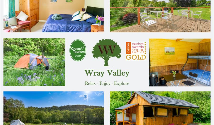 Collage : top left double bedroom, top right view from bar verandah, middle left small hike tent in woodland glade; Wray Valley Logo and Strapline wit